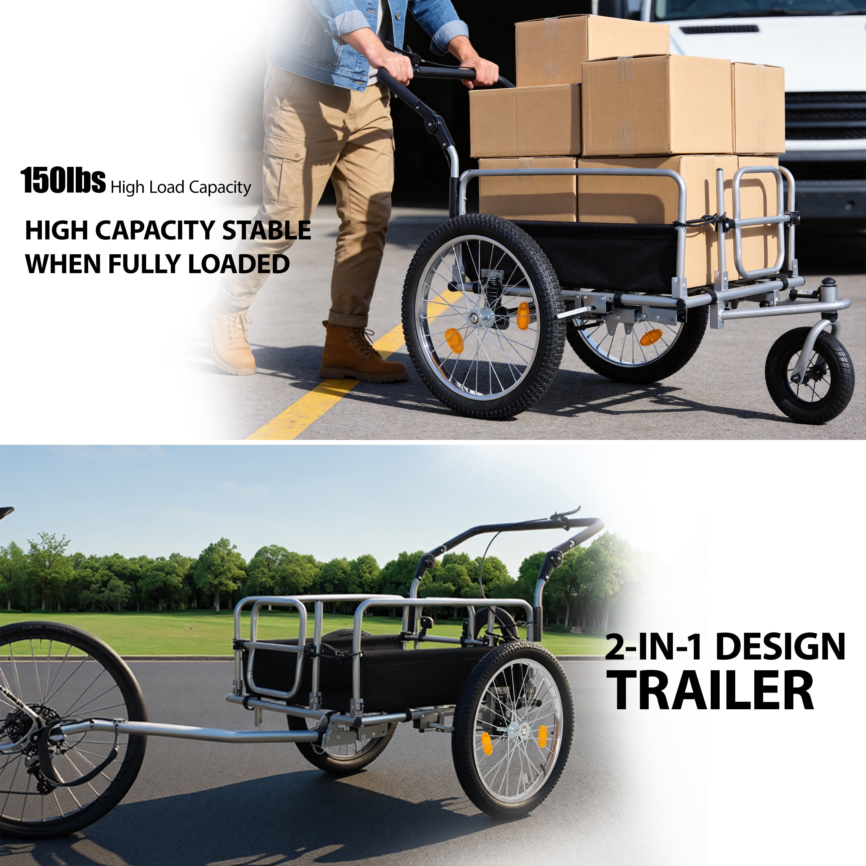 3-in-1 Heavy-Duty Bike Cargo Trailer, Upgraded 20"x2.6" Wide Fat Tires, 150lbs Capacity, Steel Frame, Convertible Stroller & Pull Cart w/Suspension