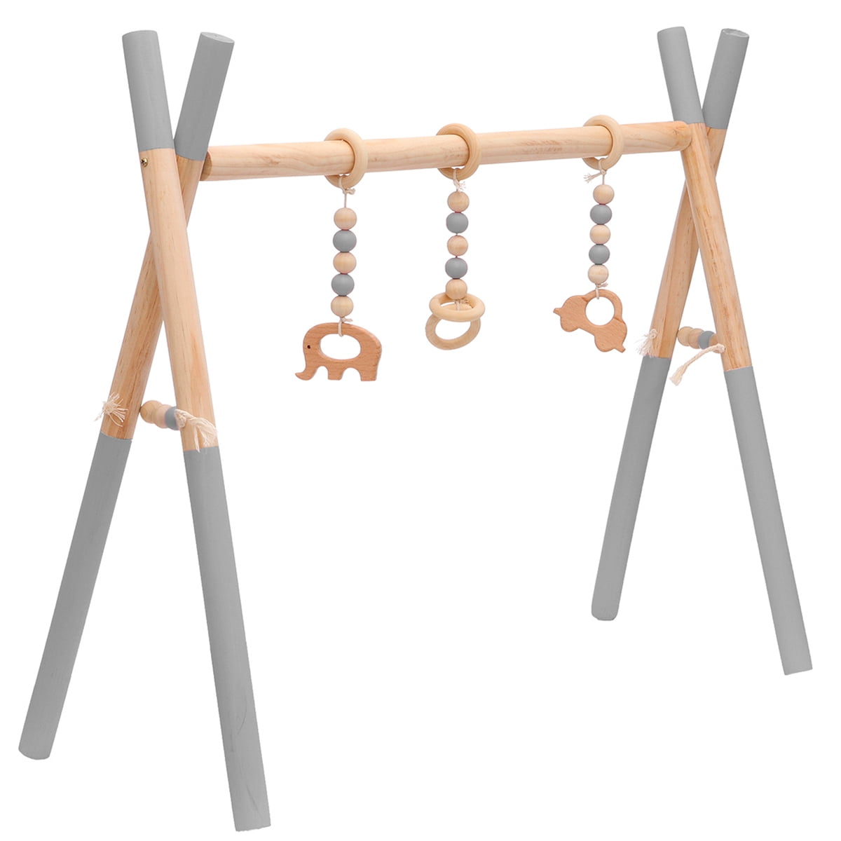 Wooden Safety Baby Gym Play Toy Station with 3 Gym Toys， Inftant Stable