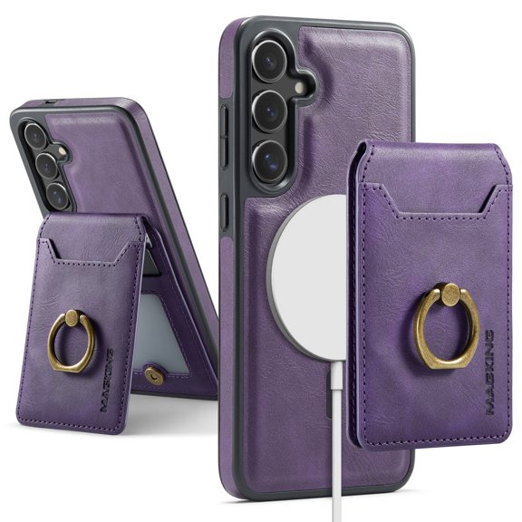 For Samsung Galaxy S25 Case with Credit Card Holder,Ring Holder,Phone PU Leather Case Wallet for Women Men Magnetic Detachable 2-in-1 Wallet Card,Shockproof Rugged Phone Case,Purple