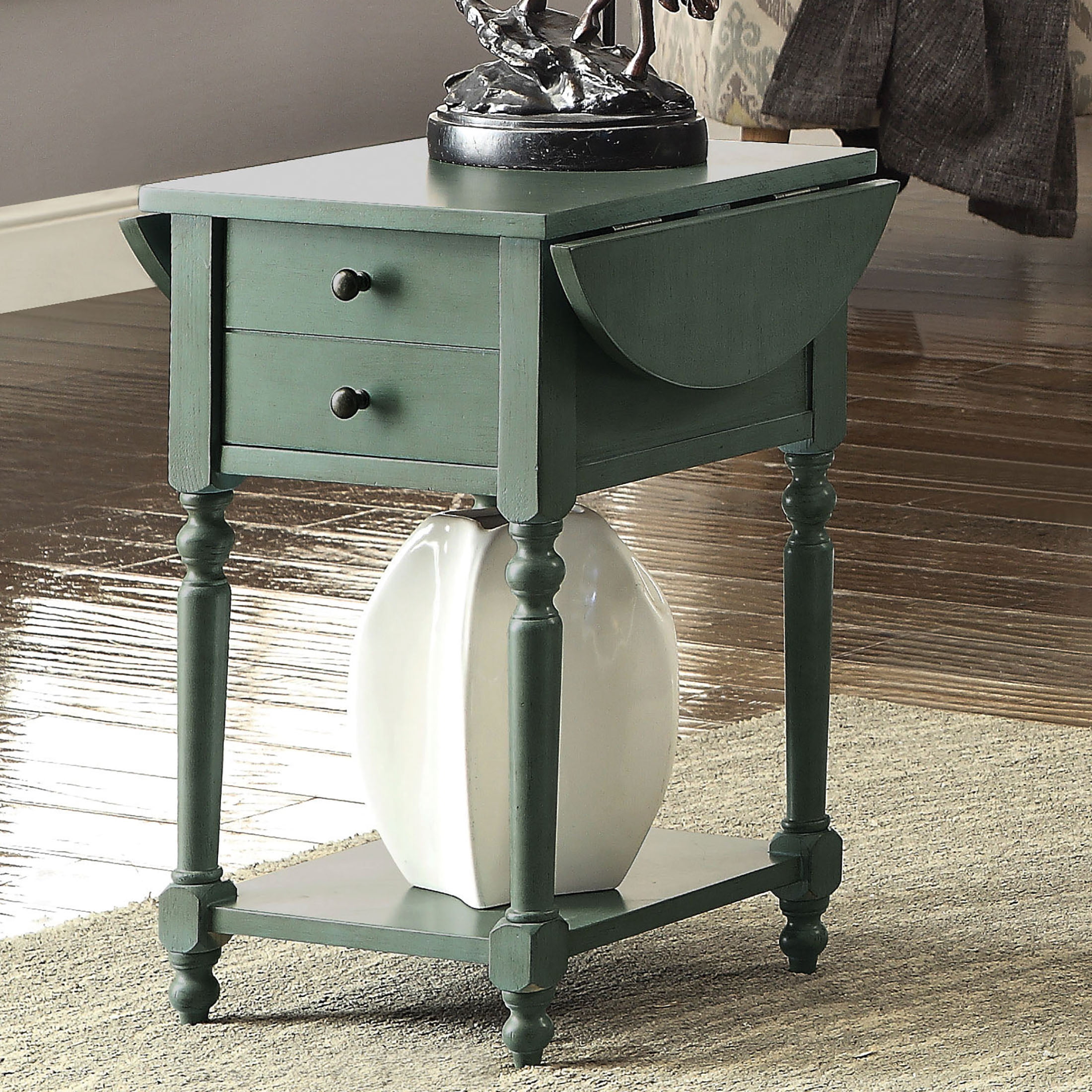 Furniture of America Wenslo Drop Leaf Side Table, Antique Teal