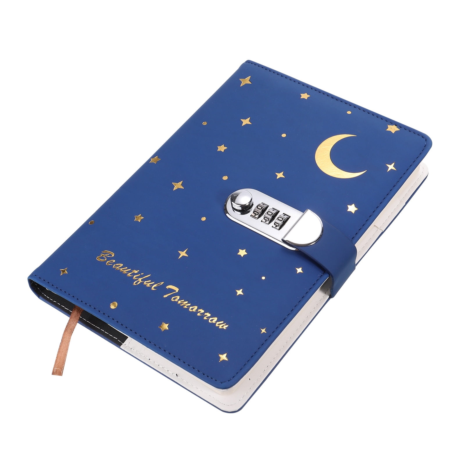 A5 Diary with Lock, Journal with Lock Cute Journaling Leather Notebook Journal Stars Moon Diary, Navy Blue