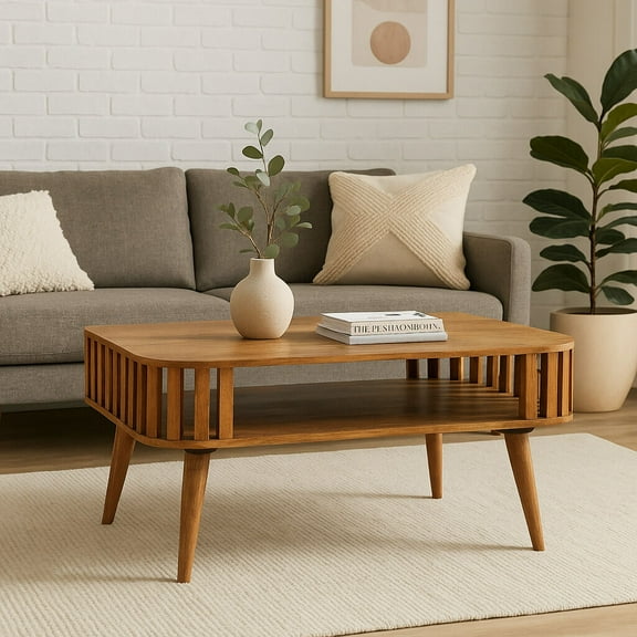 Coffee Tables Solid Wood Slatted Oak-ish Coffee Table, Open Storage, Nordic Legs, Light Brown,Wooden Coffee Tables