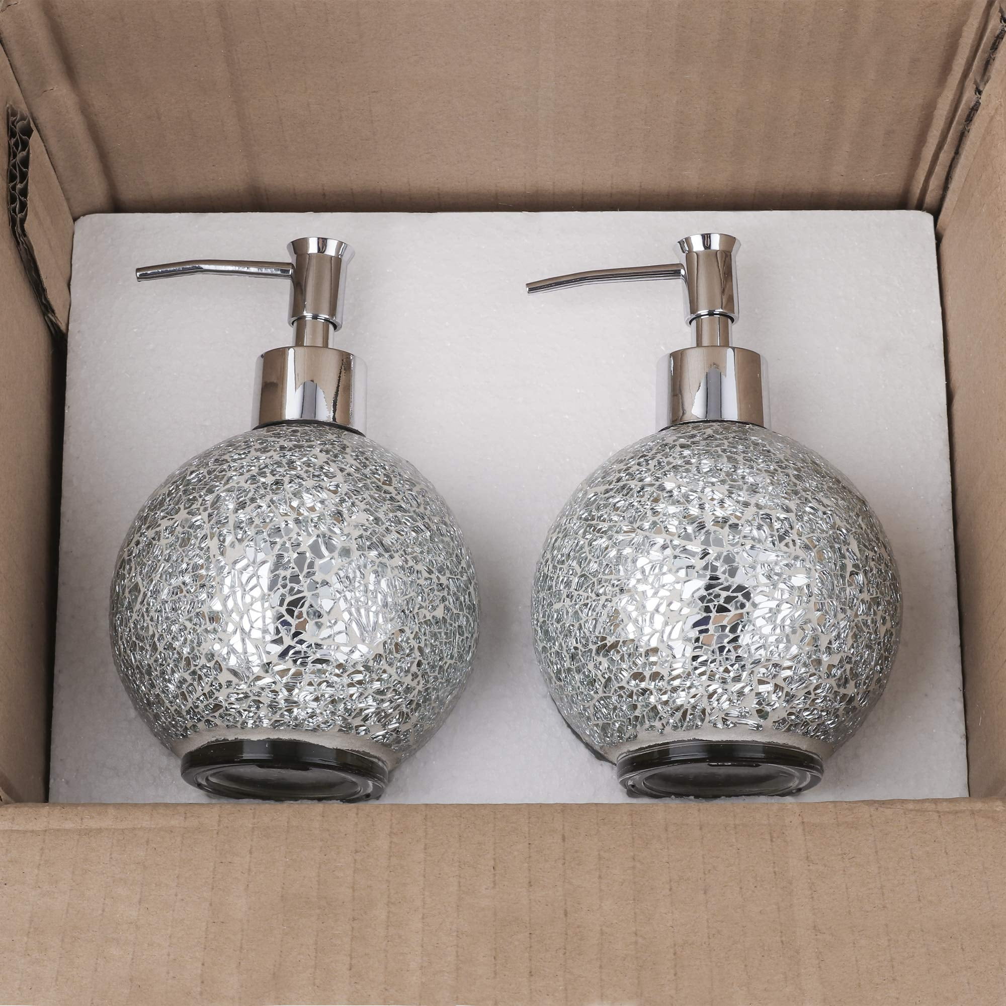 Glass Mosaic Hand Soap Dispenser-Lotion Bottle with Chrome Plated Plastic Pump-14 Ounce Set of 2 (Silver))