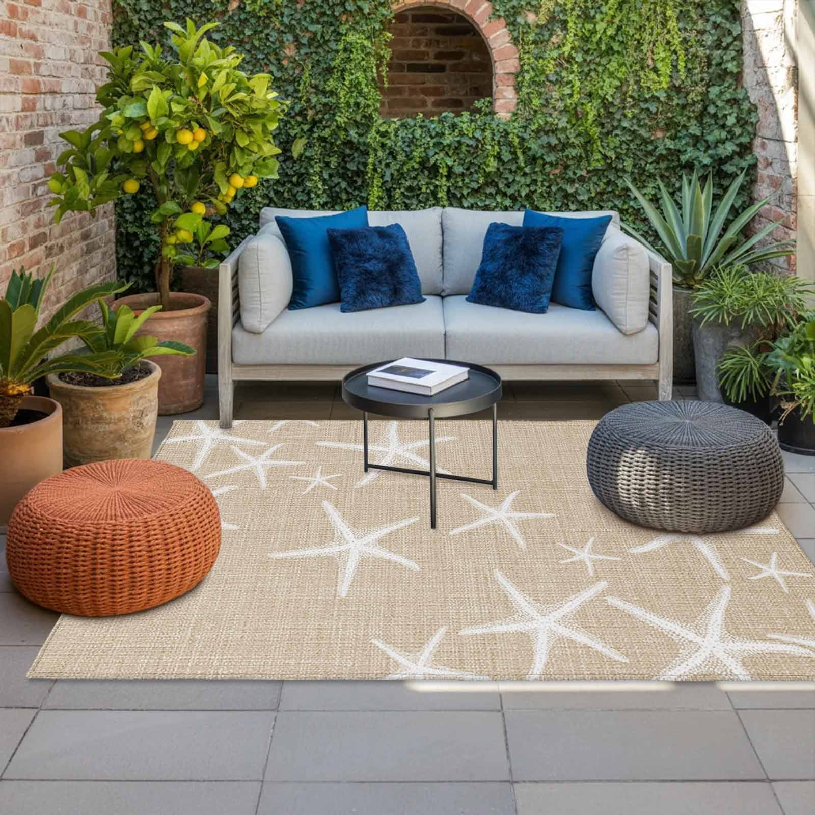 Coastal Starfish Outdoor Rug for Patio/Deck/Porch, Non-Slip Large Area Rug 3 x 5 Ft, Summer Ocean Waves Ombre Sea Beige Indoor Outdoor Rugs Washable Area Rugs, Reversible Camping Rug Carpet Runner