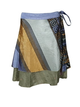Mogul Women Blue,Gray Vintage Silk Sari Magic Wrap Skirt Reversible Printed 2 Layer Beach Bikini Cover Up Short Skirts One Size
