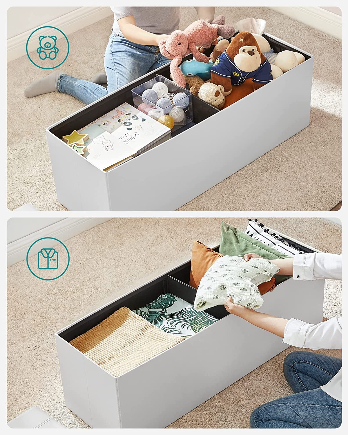 SONGMICS 43" Storage Ottoman Bench Leather Ottoman with Storage Hold up to 660lb Folding Footstools for Bedroom Living Room White