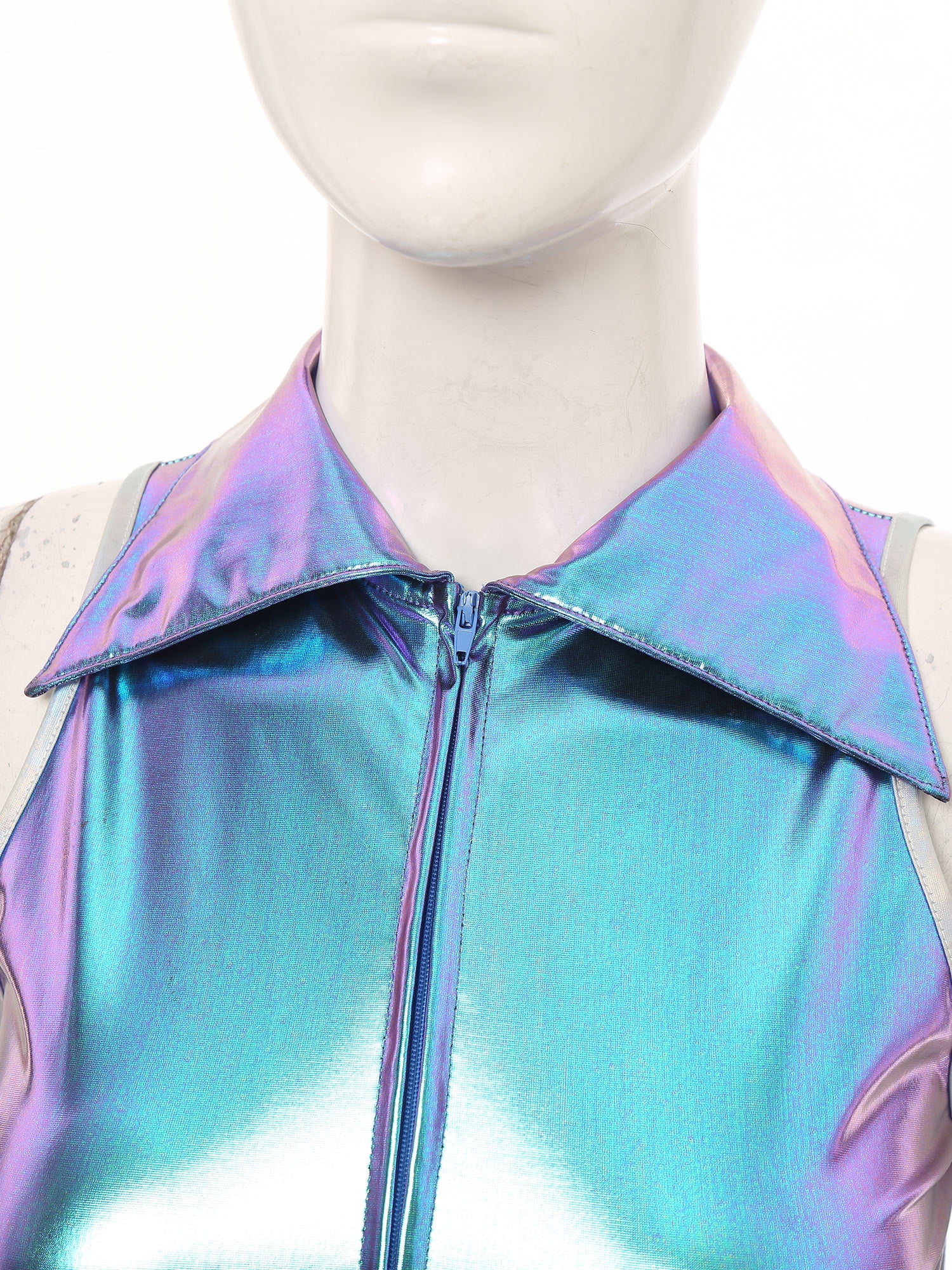 Eandarui Womens 70s Disco Outfits Holographic Shiny Metallic Sleeveless Jumpsuits for Party Club Blue L