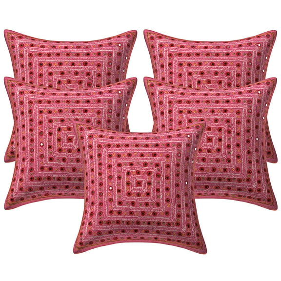 Stylo Culture Indian Couch Throw Pillow Covers 16 x 16 Embroidered Mirror Lace Pink Bohemian 40 x 40 cm Bed Room Cotton Geometric Square Cushion Covers | Set Of 5