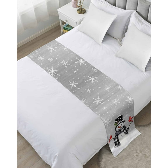 Grey Snowman Christmas Bed Runner for Twin Size Bed, Xmas Snowflake Birds Bedspread Protector Slipcover Bed Scarf for Foot Bed Runners & Scarves for Bedroom Hotel Wedding Room 71x20 Inches