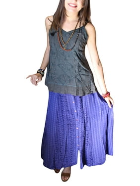 Mogul Women's Blue Rayon Button Down Embroidered Checked Print Boho Chic Gypsy Skirts