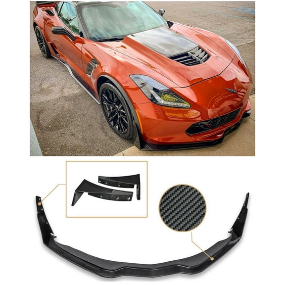 For 2014-2019 Chevrolet Corvette C7 | EOS Z06 Stage 3 Style Carbon Fiber Front Bumper Lower Lip Splitter with Carbon Flash Metallic Side Extension Winglets