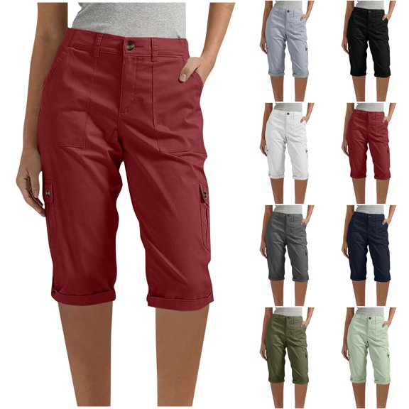 Nugftut Womens Cargo Capri Pants with Pockets Mid-Rise Classic Button Straight Leg Cropped Pants Lightweight Summer Casual Trousers