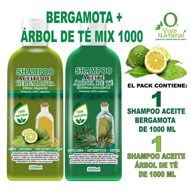Bergamota + Árbol de Té Mix 1000 pack VIVONATURAL. Shampoo Aceite de Bergamota 1000 ml + Shampoo Aceite de Árbol de Té 1000 ml