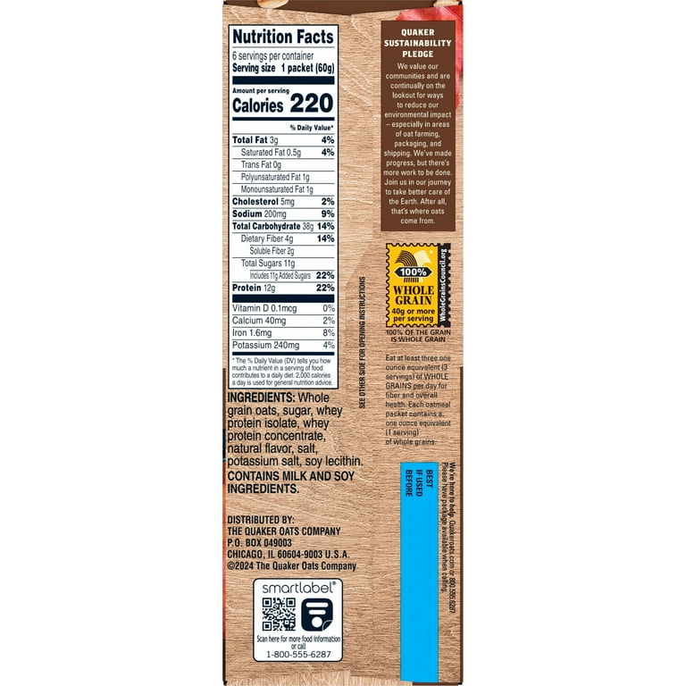 Quaker, Protein Instant Oatmeal, Maple & Brown Sugar, 2.11 oz, 6 Packets