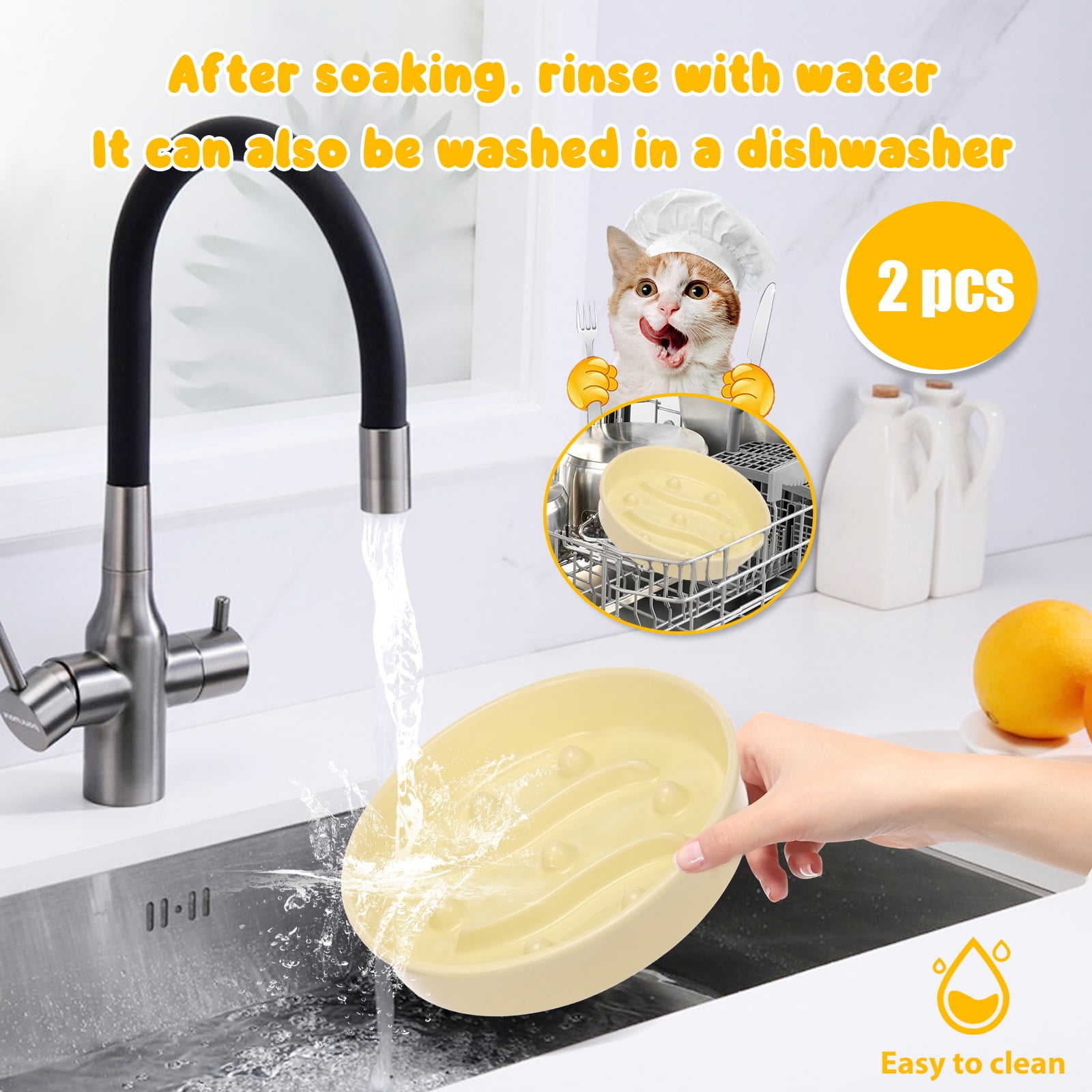 2 Pcs Cat Slow Feeder Bowl Smooth Ceramic Cat Food Bowl Slow Feeder with Nonslip Bottom，Keeps Pets Busy and Prevents Puppy Overeating