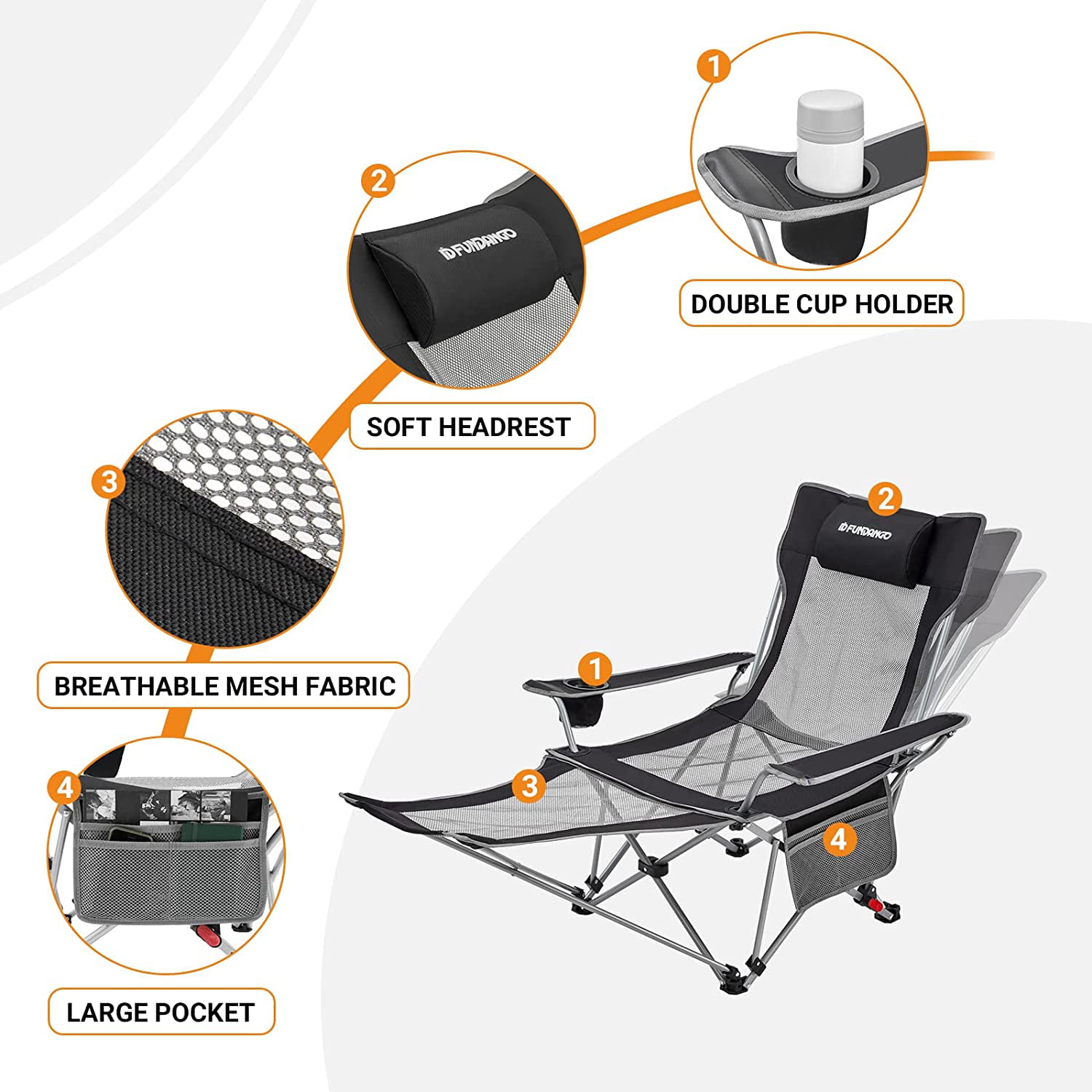 FUNDANGO Reclining Camping Chair 3-Position Adjustable Folding Lounge Chairs  with Footrest for Adult Support 300lbs Black 