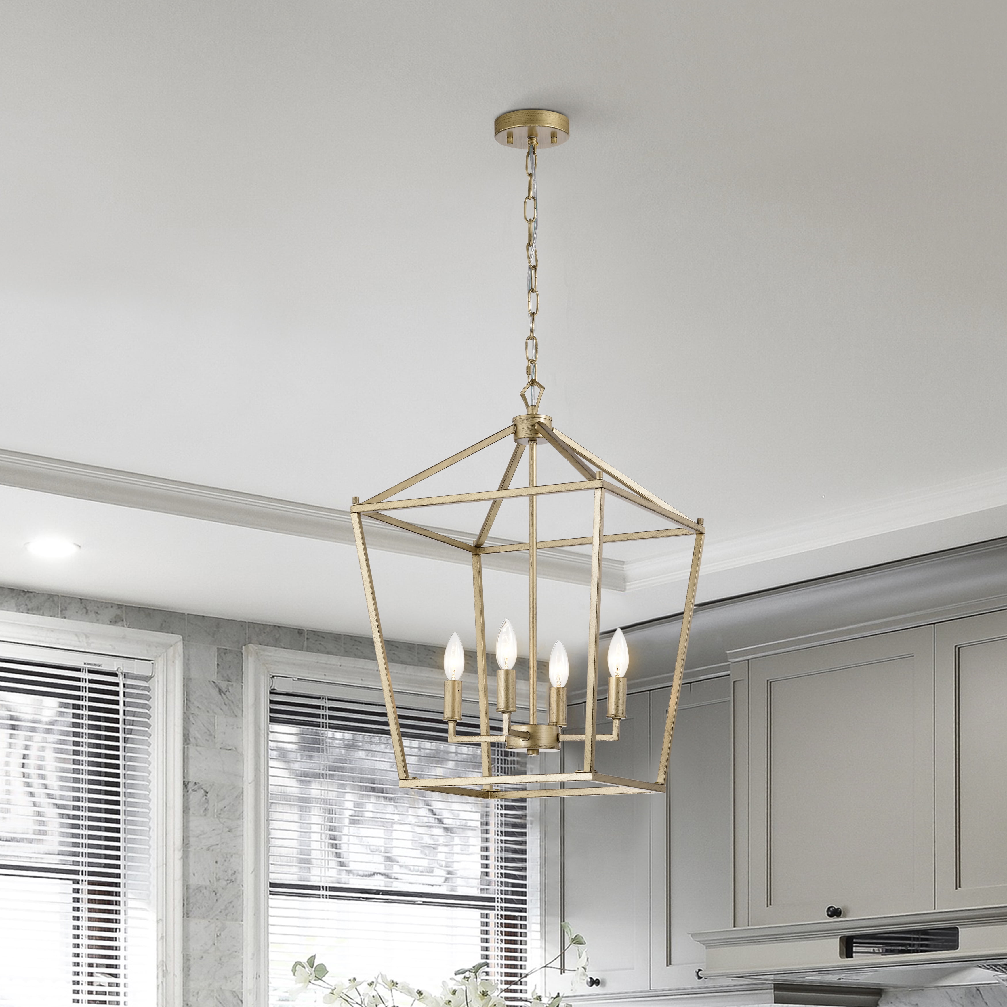 Warehouse of Tiffany Buelex 4 Light 16 inch Satin Gold Lamp Post Lantern Style Iron Chandelier