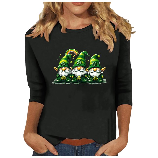 Hauts d'Été Printemps pour Femmes Mode Imprimé St. Patrick Décontracté Col Rond Manches 7 Pouces Blouse Décontractée Noire TTTG