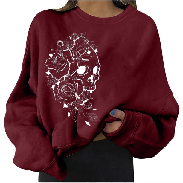 Halloween Mujer Moda Casual Estampado Cuello Redondo Suelto Manga Larga Tops Cortos Blusa Sin Capucha Sudaderas Pompotops FGAJ19091