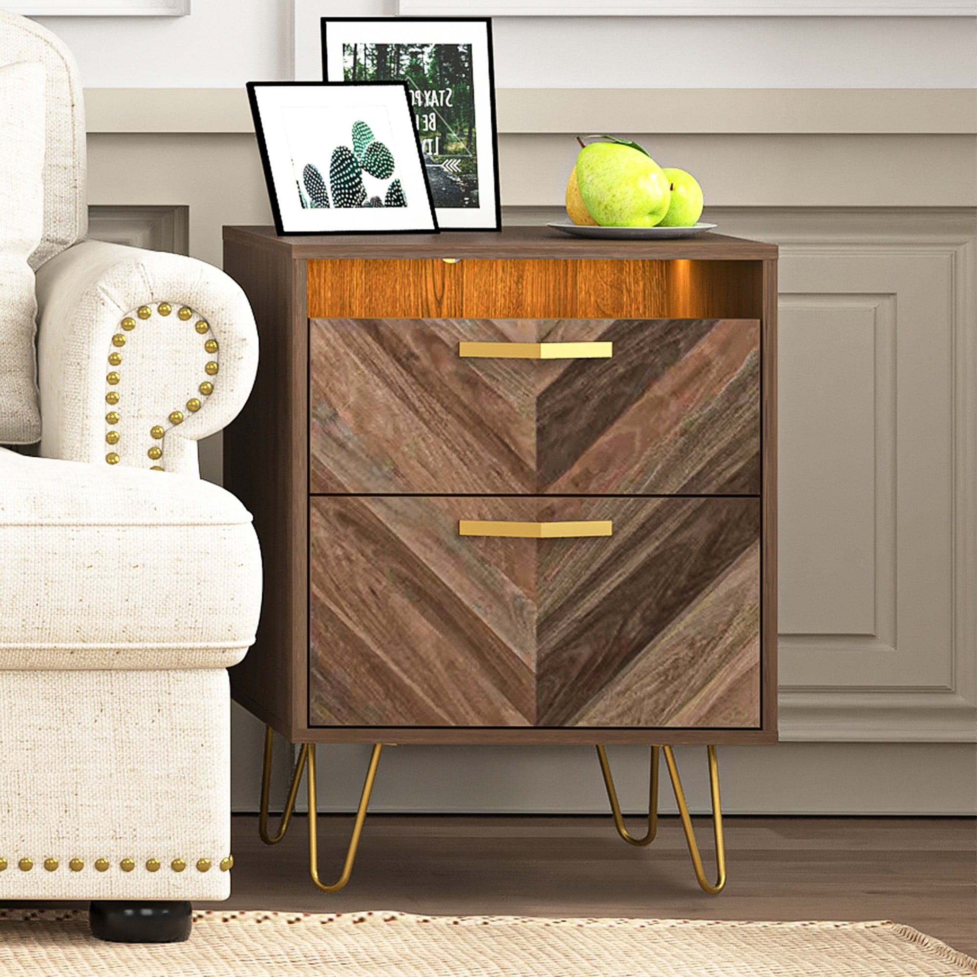 Finihen 24" Tall Nightstand with 2 Drawers, End Table Dual Night Stand with Metal Legs and LED Lights for Bedroom Living Room, Brown