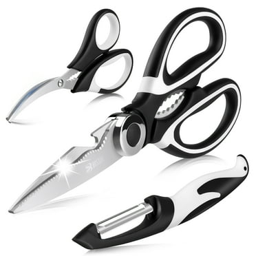 BISNIE Heavy Duty Stainless Steel Kitchen Scissors 3-Piece Set with Vegetable Peeler and Seafood Scissor(Black-White)
