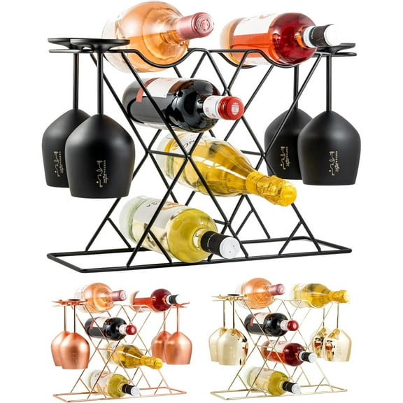 Small Wine Racks Countertop Storage for 8 Bottles & 4 Glasses - Countertop Wine Rack with Glass Holder, Modern Tabletop Black Wine Rack, Wine Holder Stand for Kitchen Cabinet Wine Cellar