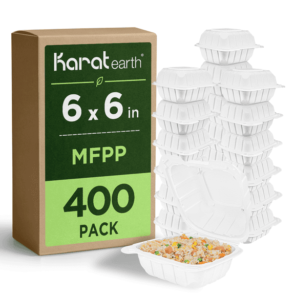 Karat Earth [400pcs - 6x6] Mineral Filled PP Hinged Container, 1 compartment - White