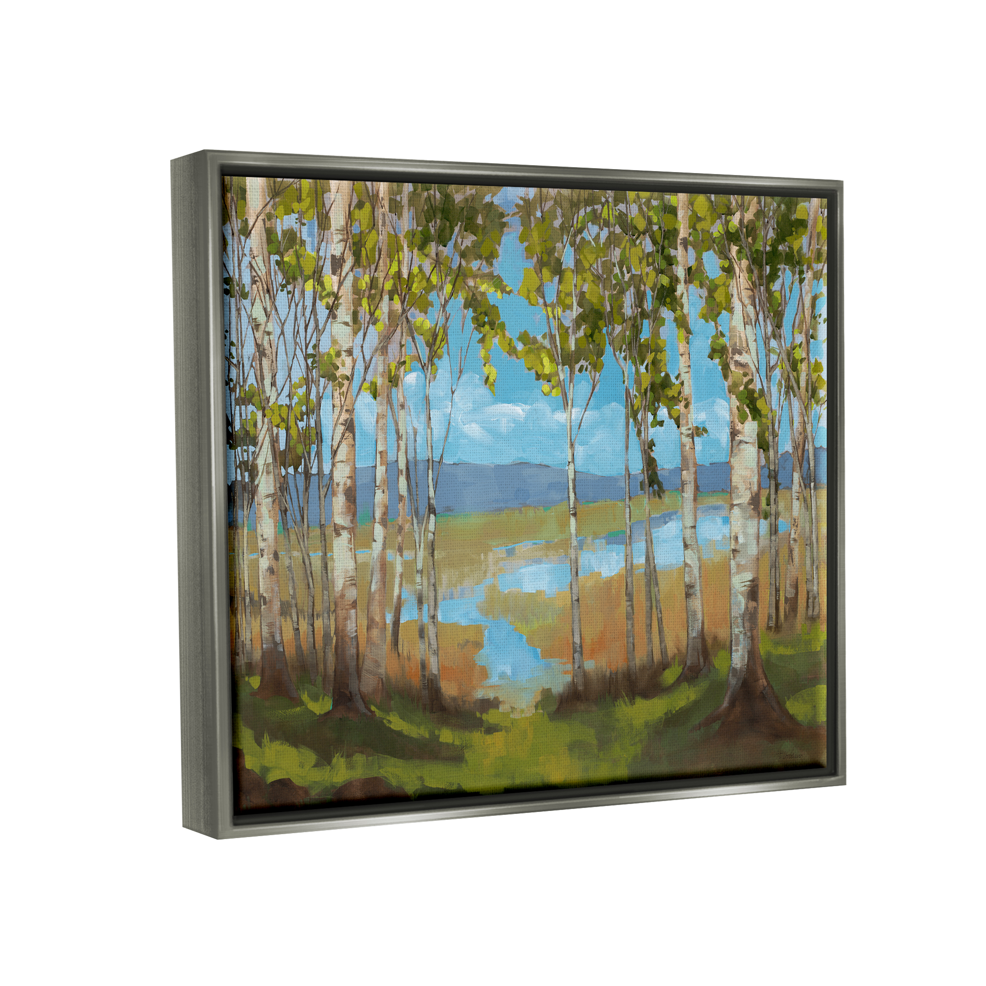 Stupell Industries Lake & Birch Tree Landscape Nature Painting Gray Floater Framed Art Print Wall Art, 31 x 25