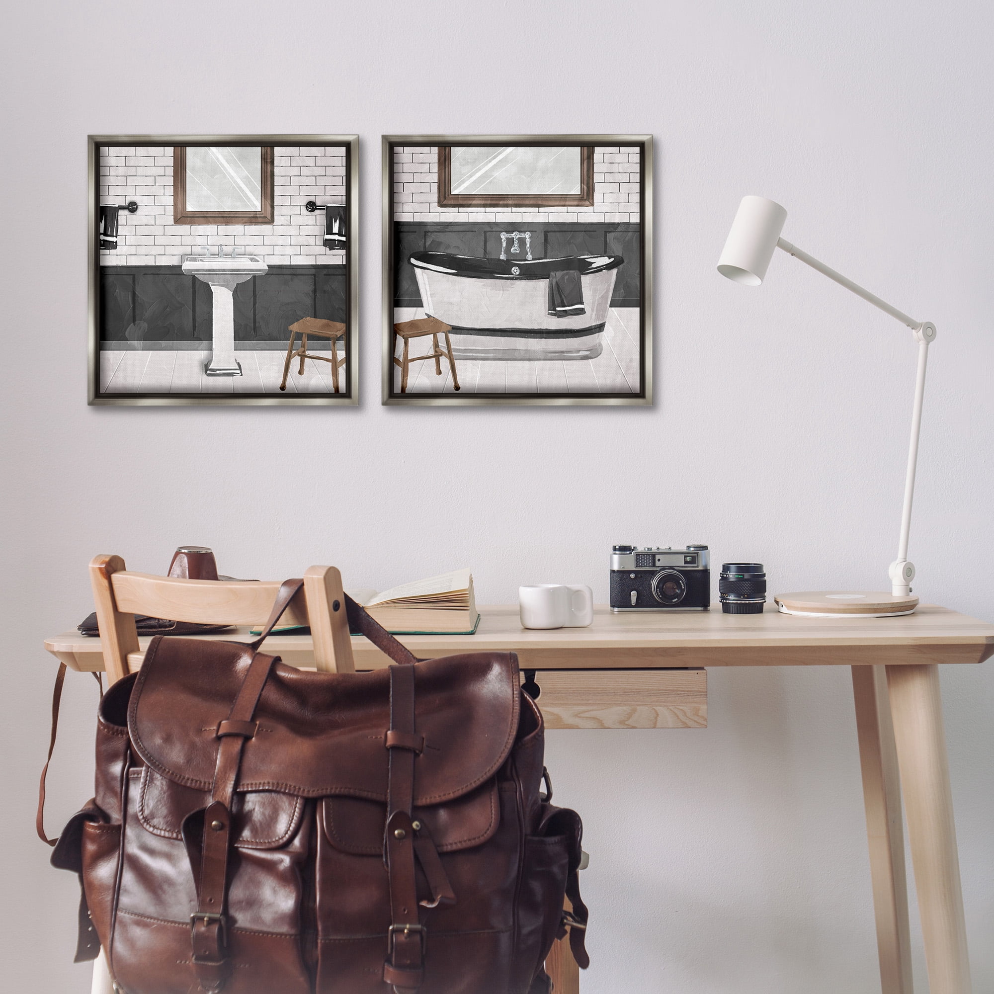 Stupell Industries Modern Country Bathroom Interior Abstract Painting Gray Floater Framed Canvas Art Print Wall Art, 18 x 18, Set of 2