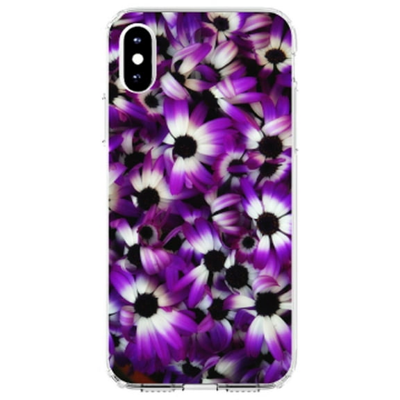 DistinctInk Clear Shockproof Hybrid Case for iPhone XS Max (6.5" Screen) - TPU Bumper, Acrylic Back, Tempered Glass Screen Protector - Purple White Black Flowers