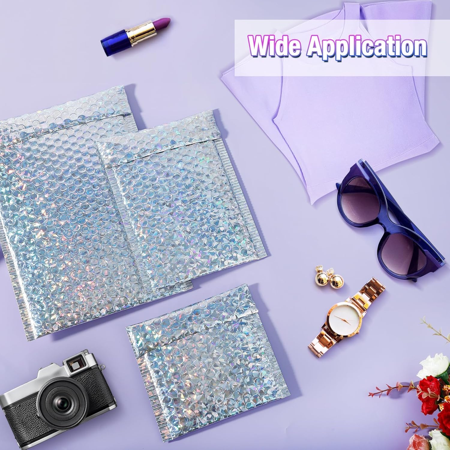 50 Pieces Holographic Bubble Mailers,3 Sizes Metallic Bubble Mailers,Sliver Foil Glitter Padded Envelopes,Self Sealing Waterproof Shipping Bags,Cushion Envelopes for Mailing Packing