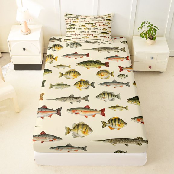 Manfei Hippie Freshwater Fish Twin Fitted Sheet, Wildlife Bedding, Cream, 2pcs, 1 Fitted Sheet and 1 Pillowcase