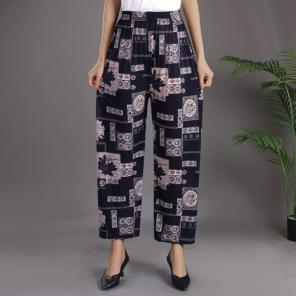 Wide Leg Pants Woman Loose Fit Oversized High Waisted Palazzo Lightweight Straight Capris Trouser Floral Print Navy Casual Lounge Pant One Size
