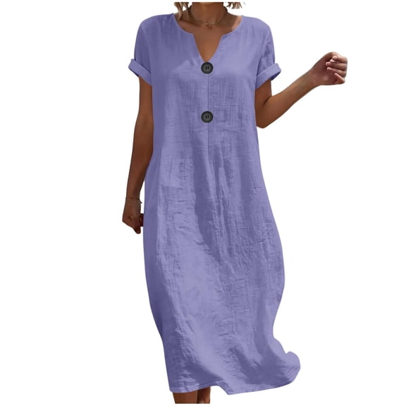 SAWOBUUN Women Linen Midi Dress Short Sleeve V Neck Loose Casual Tunic Dresses Summer Beach Vacation Daily Dress