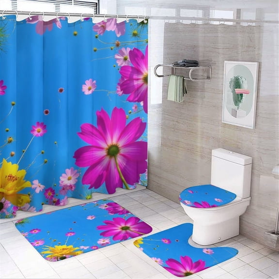 Colorful Cosmos Flowers Sky Shower Curtain Bathroom Sets Toilet Lid Rug, Bath Mat And Contour Mat, Shower Curtain 4Pcs