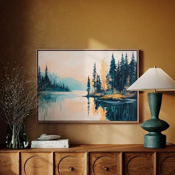 Moody Pine Forest Lake Wall Art Teal And Gold Reflection Landscape Print Serene Nature Scene For Modern Rustic Decor Wall Art, Modern Wall Decor, 8x12 UNFRAMED