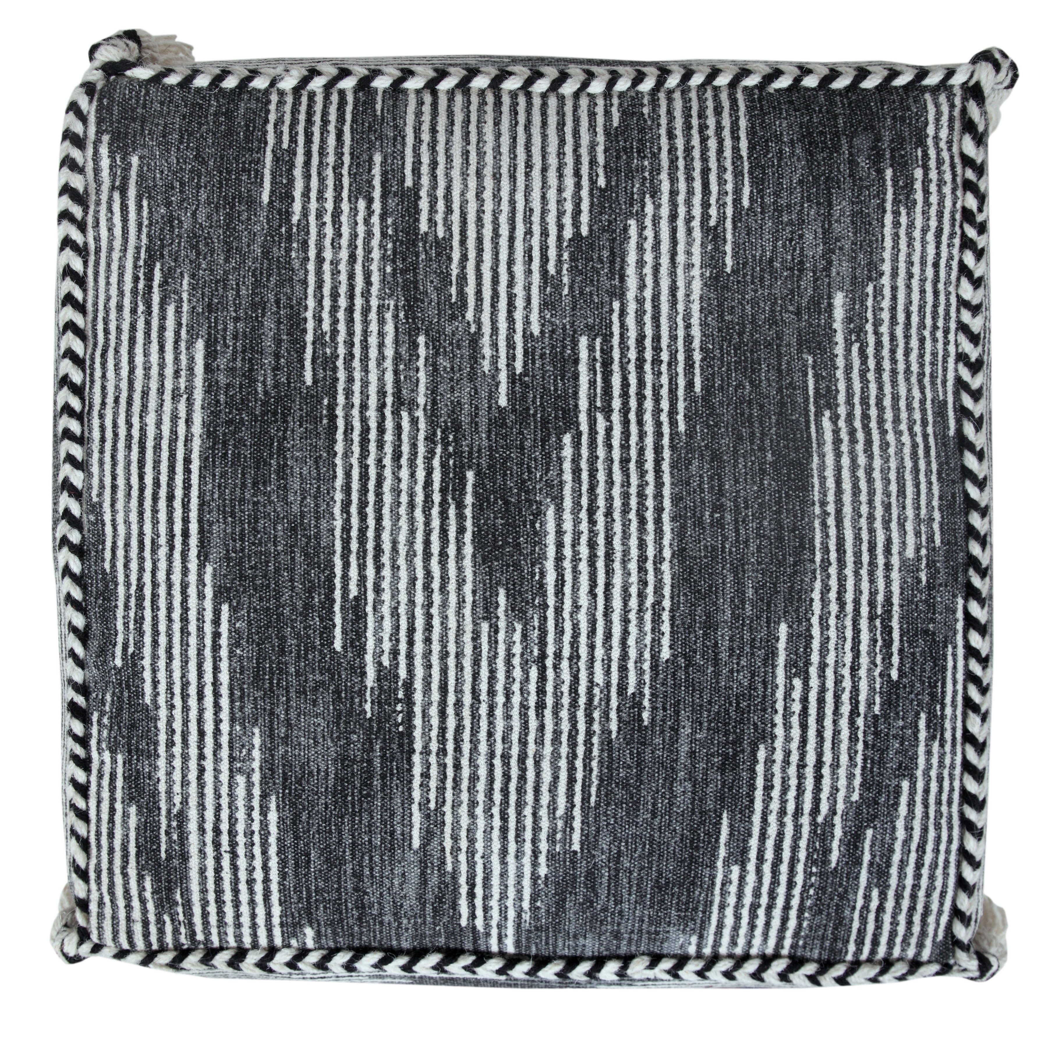 LR Home Small Tassels Chevron Indoor Square Pouf, Gray/Ivory, 18" x 18" x 14"