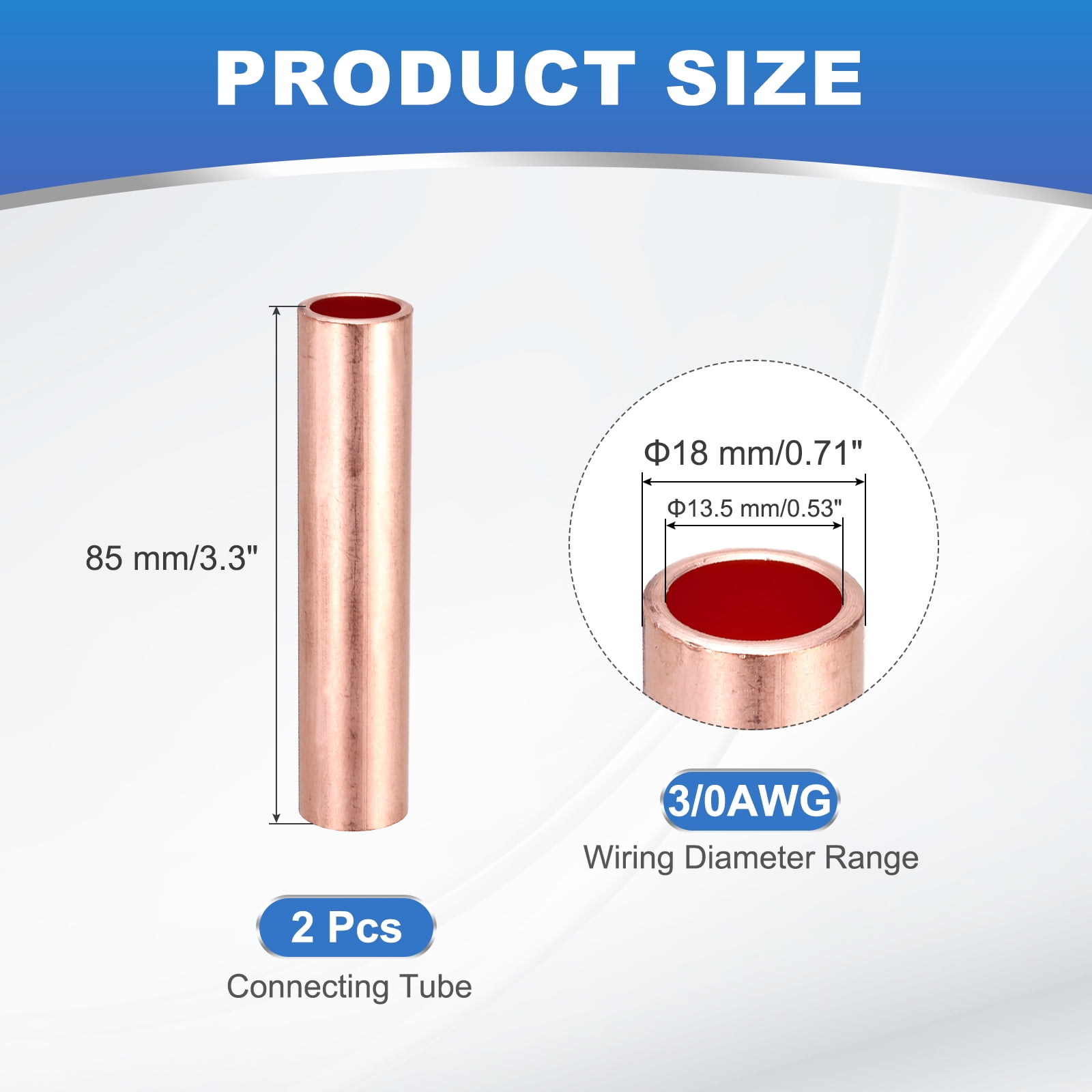 Uxcell 2 Pcs Red Copper Non Insulated Butt Connectors, GT-95 3/0 AWG Butt Connectors Crimp Wire Crimps Terminals Fittings for Wire Connection Hardware Supplies