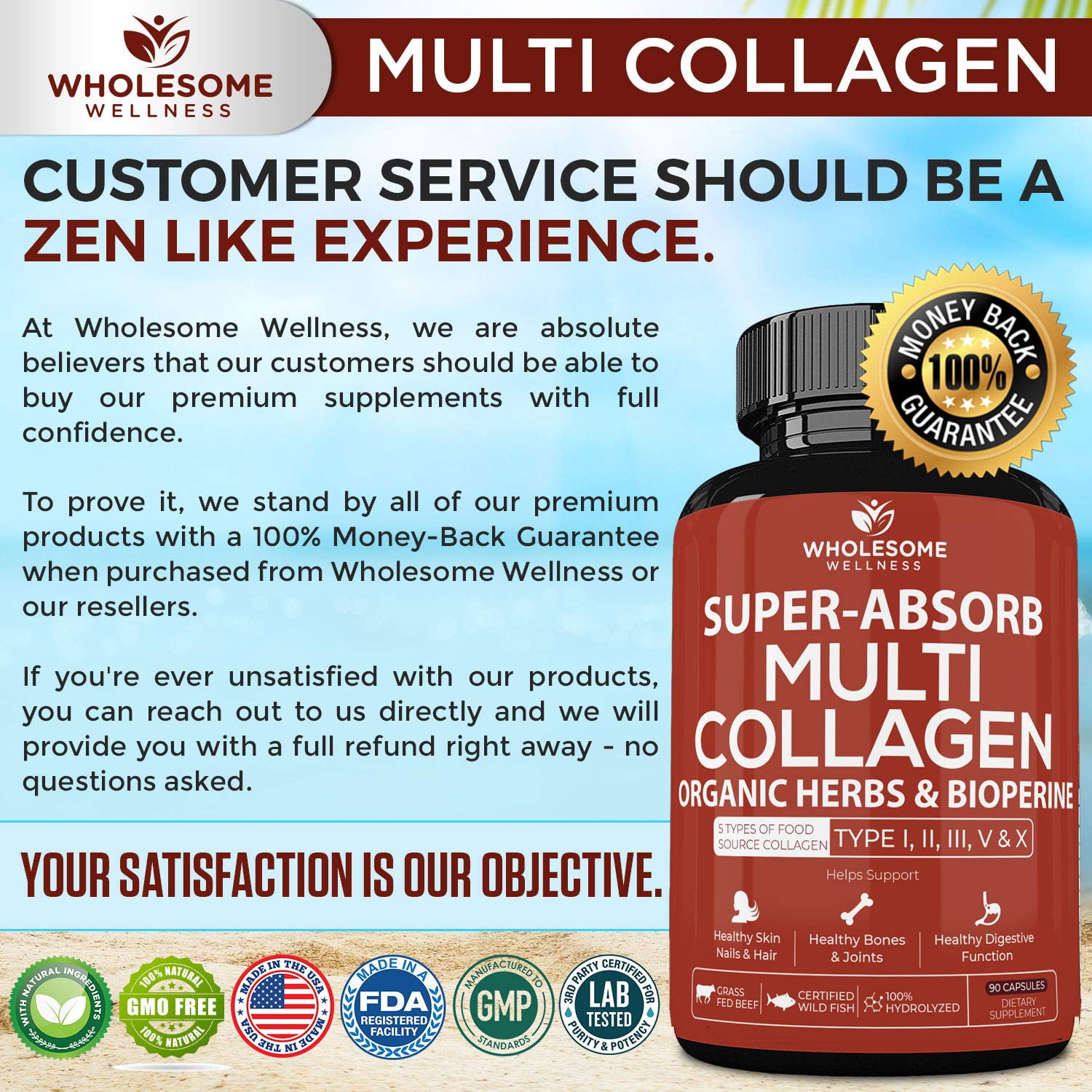 Multi Collagen Pills (Type I II III V X)and Bioperine -  Hair, Skin, Nails, Joints - Collagen Peptides Protein Supplement for Women Men