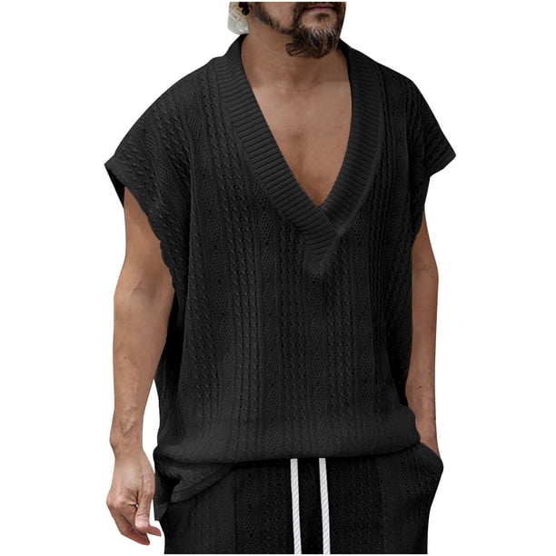 Camisola de Color Sólido de los Hombres, Ropa Interior de Denim sin Mangas con Cuello en V para Senderismo Y Uso Diario, Ligero Elástico de Fácil Ajuste