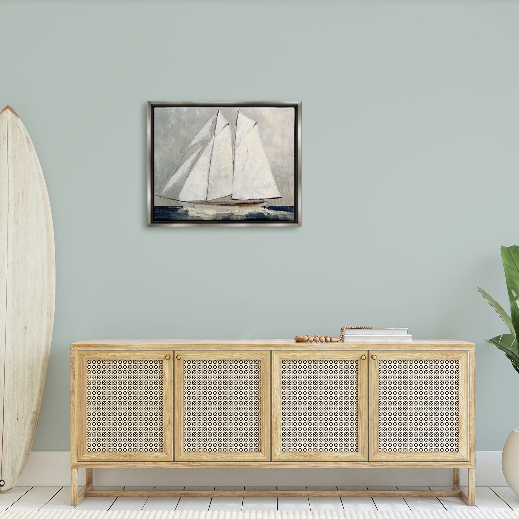 Stupell Industries Nautical Sailboat Dark Ocean Water Painting Luster Gray Floating Framed Canvas Print Wall Art, Design by Sally Swatland