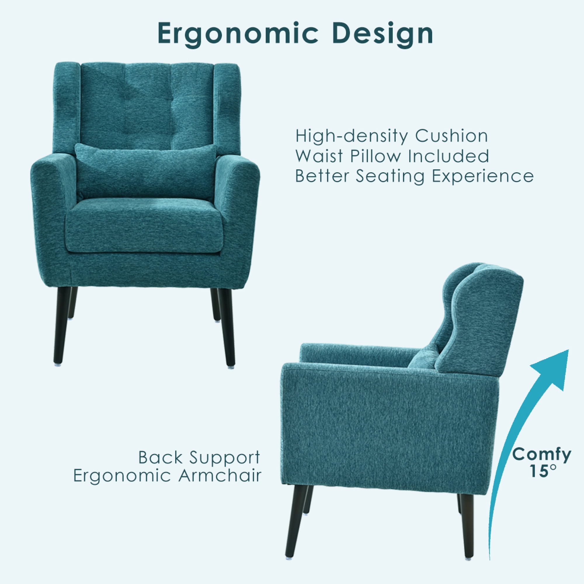 Leumius Modern Accent Chair with Solid Wood Leg, Chenille Armchair with Pillow, Comfy Soft Padded Lounge Chair for Small Space, Bedroom, Living Room Teal