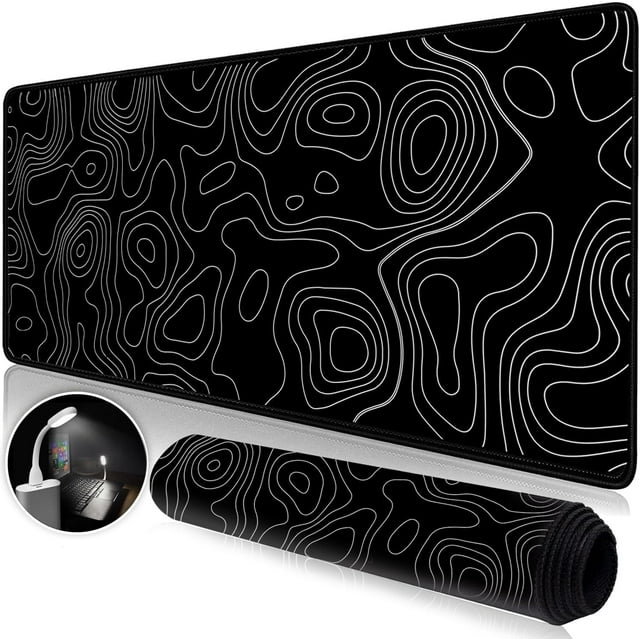 Extra Large Topographic Contour Gaming Mouse Pad - 35.4x15.7 Inch, Extended Mousepad with Stitched Edges, Smooth Cloth Surface, Non-Slip Rubber Base, Waterproof Keyboard Pad