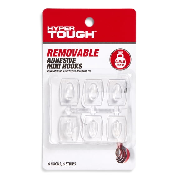 Hyper Tough Mini Removable Self-Adhesive Hooks, Square Plastic Hooks for Hanging Towels and Jackets, with 6 Adhesive Strips, 0.5 lbs Capacity, Clear, 6 Pc
