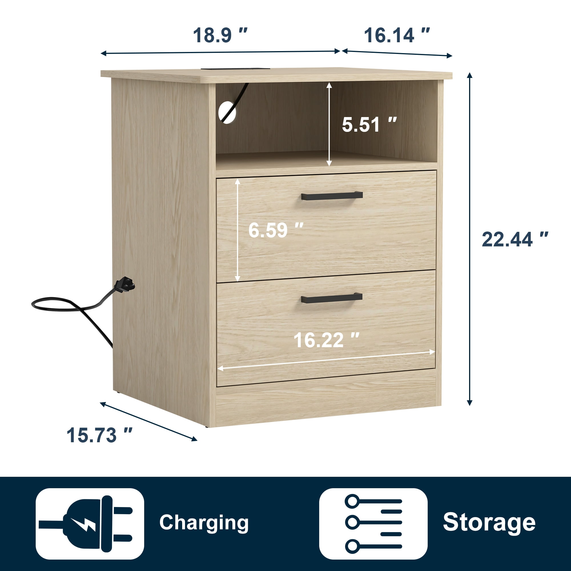 Demi Bonn 18" Side Table with Fast Charging Station USB C Cable Fast Charging, End Table Nightstand with Drawer and Shelf for Bedroom, Living Room, Beige