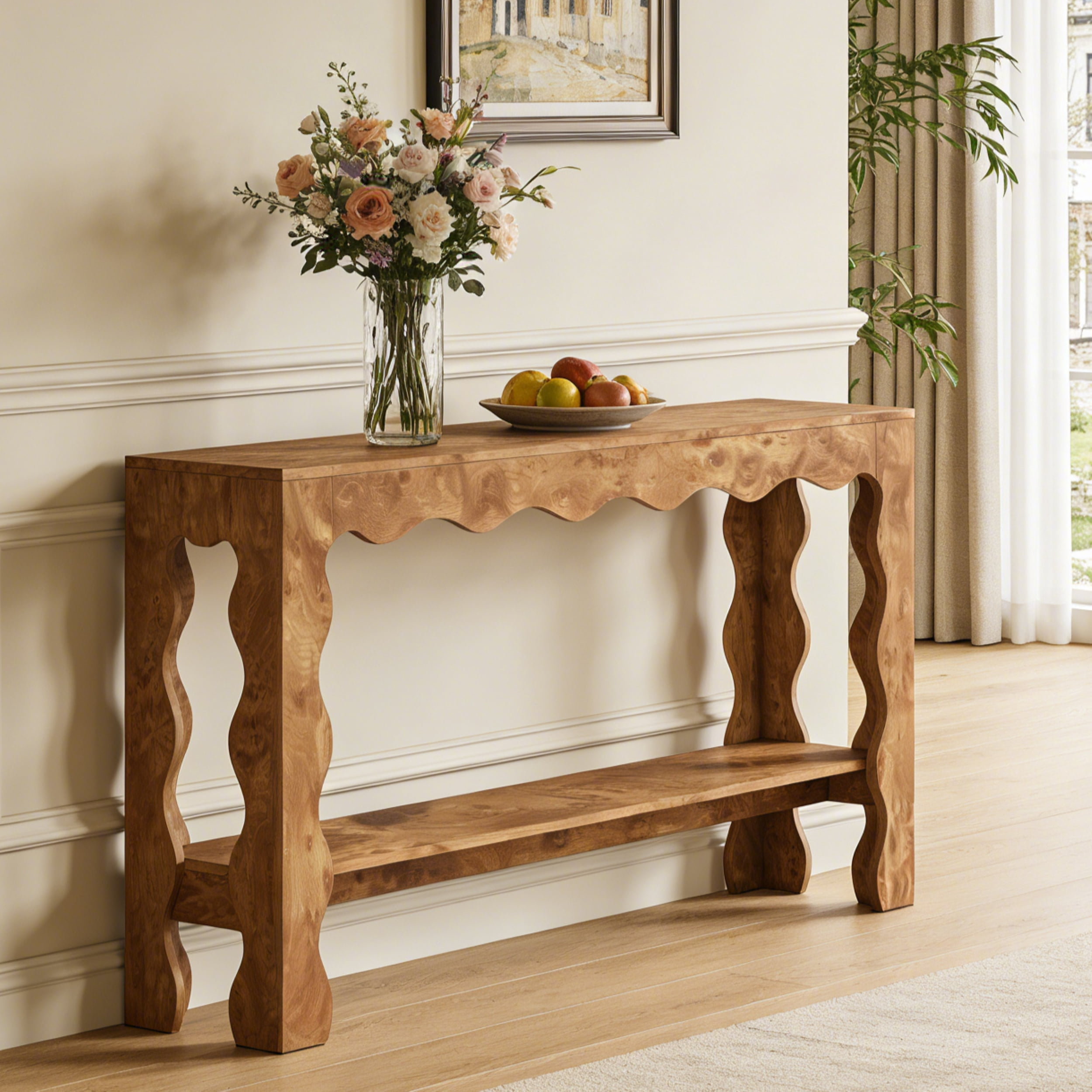 Fnova 63" Farmhouse Console Table with 2-Tier Storage Shelf, Scallop Design Entryway Table, Narrow Sofa Table for Living Room, Hallway, Foyer
