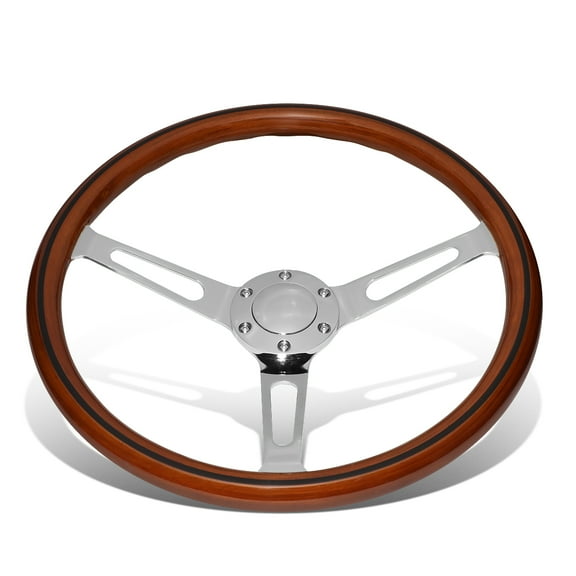DNA Motoring SW1502 15" Wood Grain Grip 2" Deep Dish Stainless Steel 3 Spokes Vintage Style Steering Wheel with Horn Button