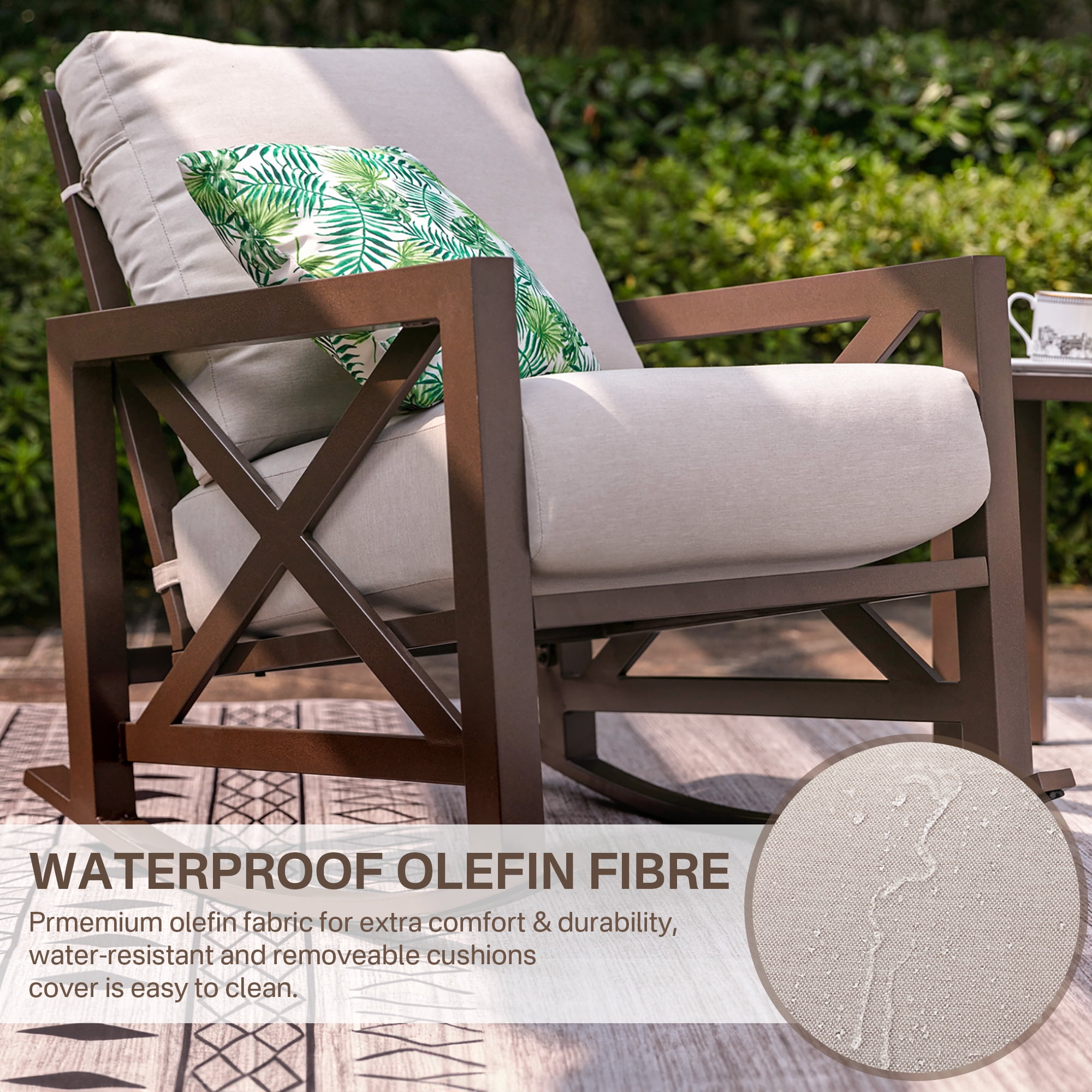 Natural Expressions 3 Piece Patio Rocking Bistro Set, Outdoor Conversation Chairs Set with 2 Metal Rockers with Thick Cushions and Coffee Table