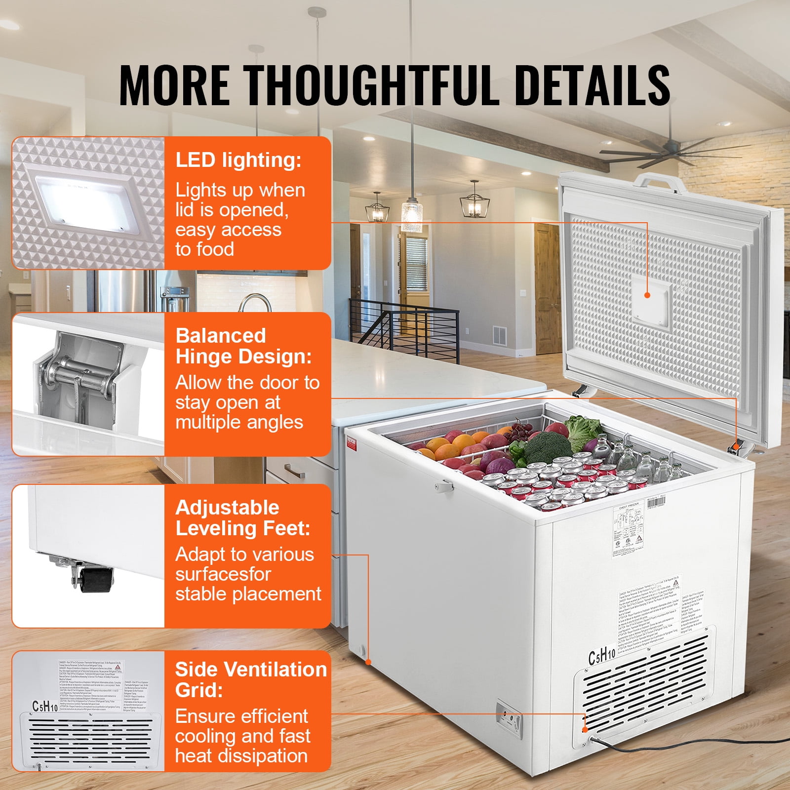 VEVOR Chest Freezer, 12.8 Cu.ft / 345 L Large Deep Freezer & 4 Removable Baskets,Freestanding Top Open Door Commercial Chest Freezers with Locking Lid, 7-Level Adjustable Temp,LED Lighting,6 Wheels