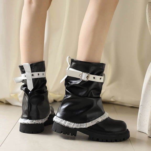 Women Fold Over Platform Boots Round Toe Pull On Leather Boot Punk Mid Calf Chunky Stacked Heel Button Party Shoes Motorcycle Boot